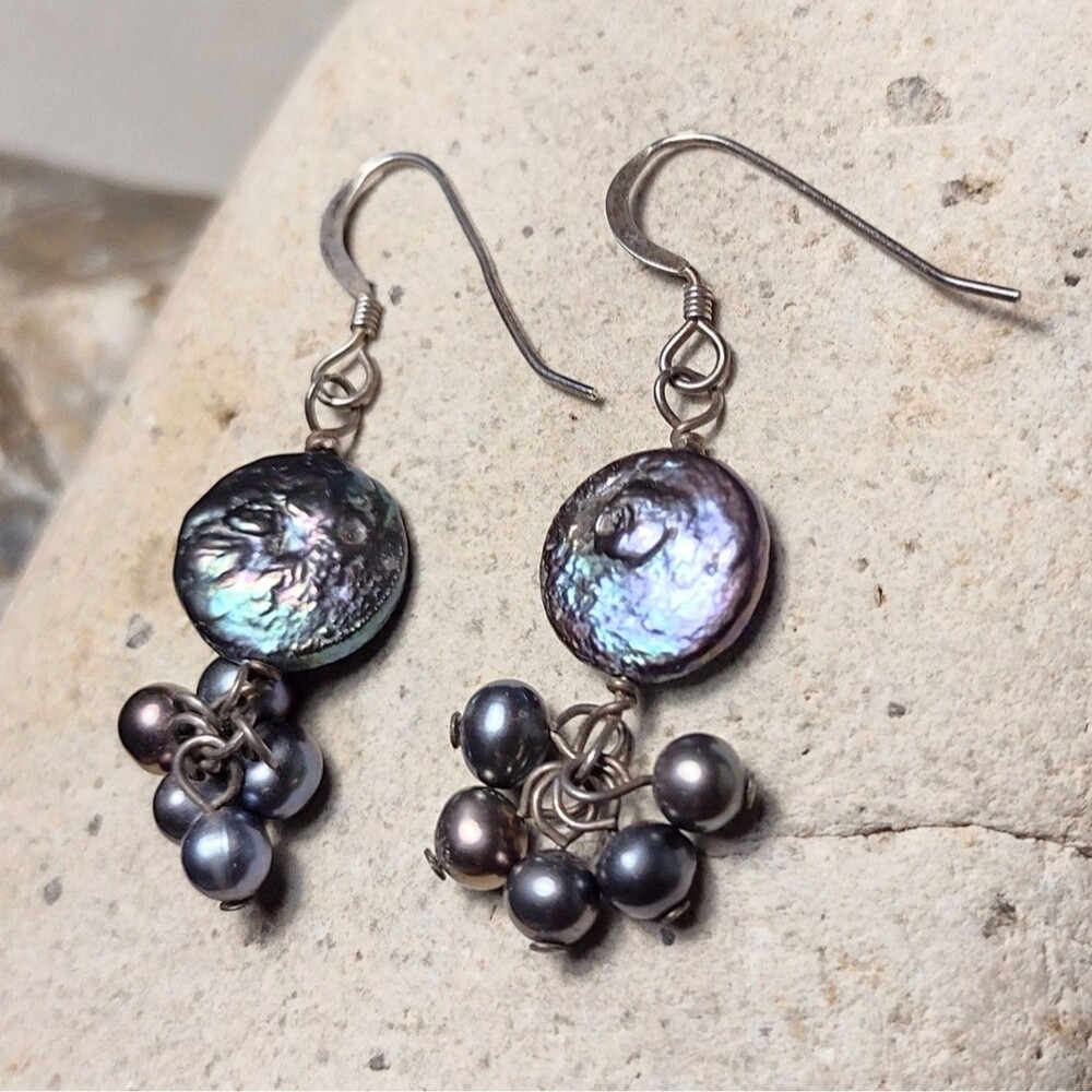 Peacock Blue Coin Pearl Tassel Sterling Silver Earrings